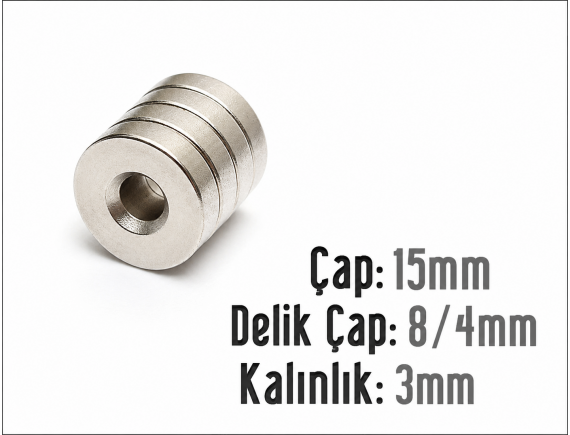 Çap 15mm X Delik çap 8/4 Kalınlık 3mm Havşalı Mıknatıs