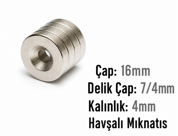 Çap 16mm X Delik çap 7/4 Kalınlık 4mm Havşalı Mıknatıs
