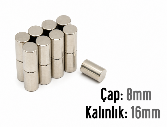 Çap: 8mm x Kalınlık: 16mm Neodyum Mıknatıs
