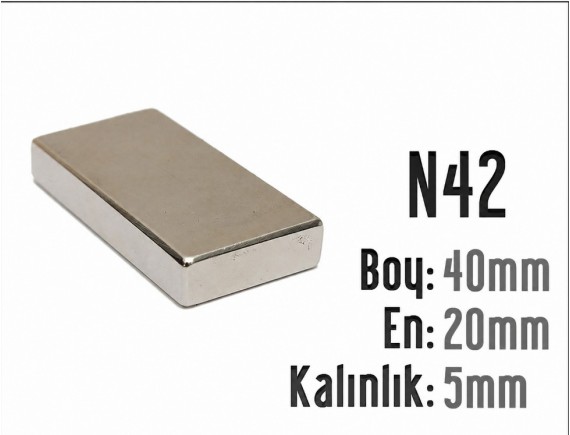 N42 / 40X20X5 BOY: 40MM - EN: 20MM - KALINLIK: 5MM NEODYUM MIKNATIS