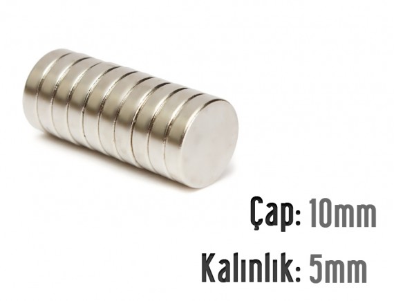Çap: 10mm x Kalınlık: 5mm Neodyum Mıknatıs