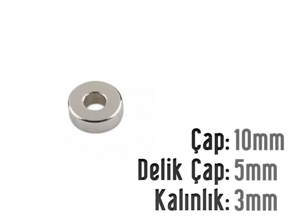 Çap 10mm X Del.Çapı 5mm X Kalınlık 3mm HALKA Neodyum Mıknatıs