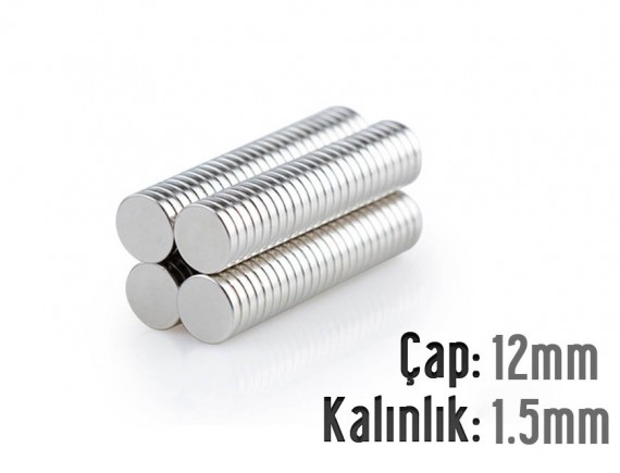 Çap: 12mm x Kalınlık: 1,5mm Neodyum Mıknatıs