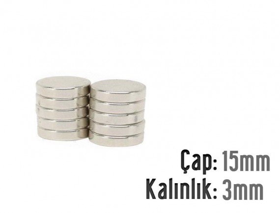 Çap: 15mm x Kalınlık: 3mm Neodyum Mıknatıs