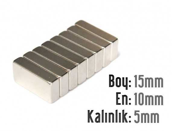 Boy: 15mm - En: 10mm - Kalınlık: 5mm Neodyum Mıknatıs