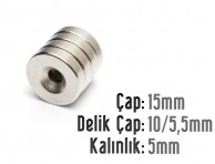 Çap 15mm X Delik çap 10/5,5 Kalınlık 5mm Havşalı Mıknatıs