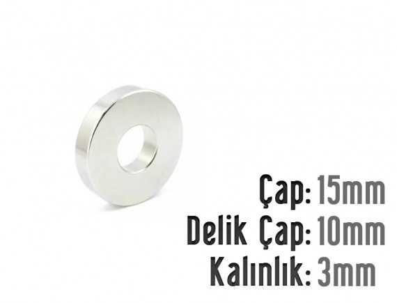 Çap 15mm X Del.Çapı 10mm X Kalınlık 3mm HALKA Neodyum Mıknatıs