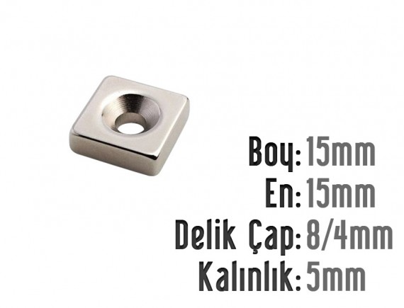 Boy: 15mm - En: 15mm - Delik Çap 8/4 Kalınlık: 5mm Havşalı Mıknatıs