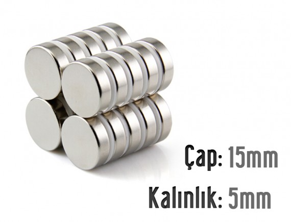 Çap: 15mm x Kalınlık: 5mm Neodyum Mıknatıs