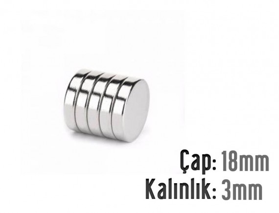 Çap: 18mm x Kalınlık: 3mm Neodyum Mıknatıs