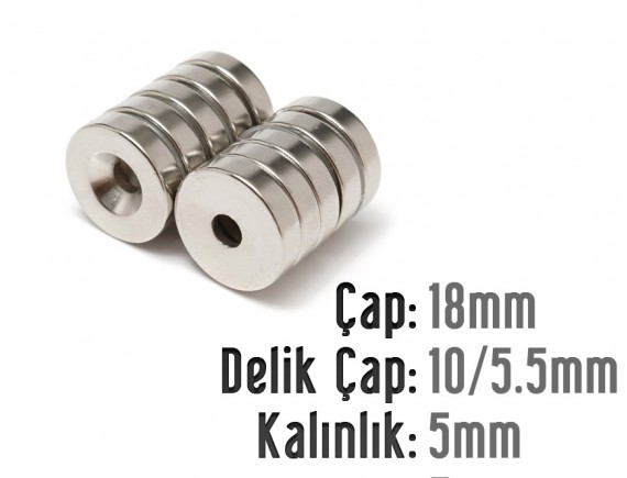 Çap 18mm X Delik çap 10 / 5,5 X Kalınlık 5mm Havşalı Mıknatıs