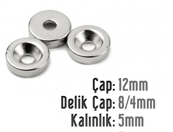 Çap 12mm X Delik çap 8/4 Kalınlık 5mm Havşalı Mıknatıs
