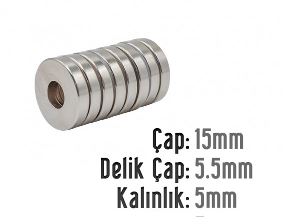 Çap 15mm X Del.Çapı 5,5mm X Kalınlık 5mm HALKA Neodyum Mıknatıs