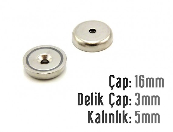 Çap 16mm X Delik Çap 3mm Kalınlık 5mm Metal Korumalı Mıknatıs