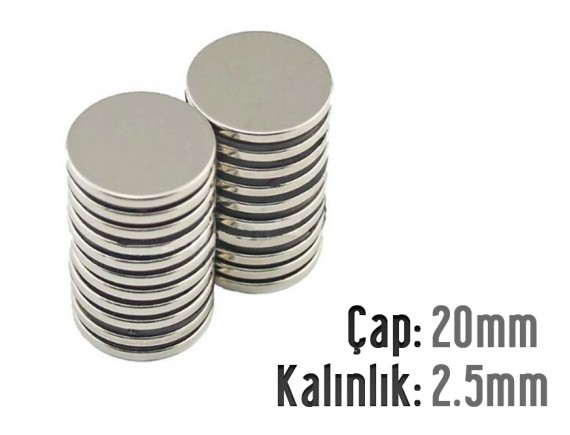 Çap: 20mm x Kalınlık: 2.5mm Neodyum Mıknatıs