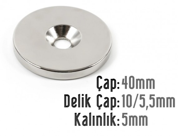 Çap 40mm X Delik çap 10 / 5,5 X Kalınlık 5mm Havşalı Mıknatıs
