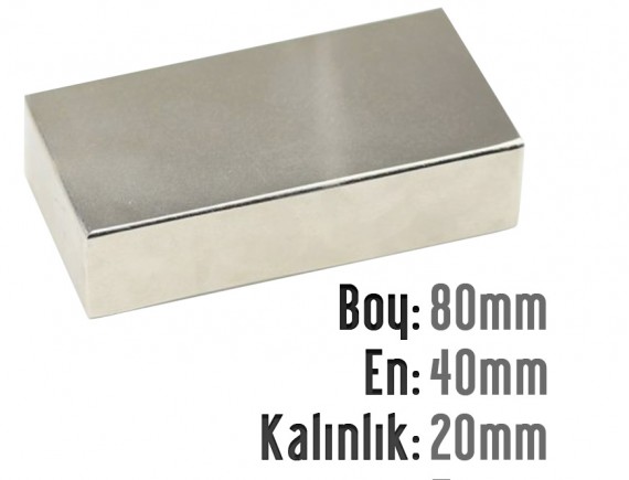 Boy: 80mm - En: 40mm - Kalınlık: 20mm Neodyum Mıknatıs