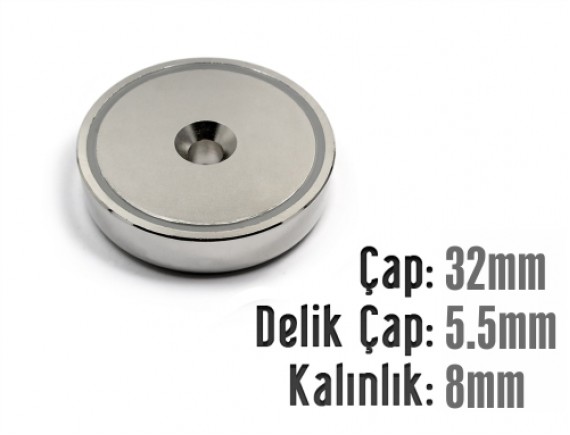 Çap 32mm X Delik Çap 5.5mm Kalınlık 8mm Metal Korumalı Mıknatıs