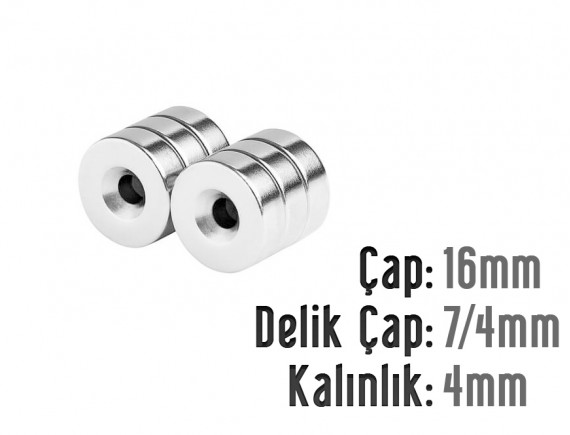 Çap 16mm X Delik çap 7/4 Kalınlık 4mm Havşalı Mıknatıs