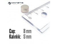 Çap: 8mm x Kalınlık: 5mm Neodyum Mıknatıs