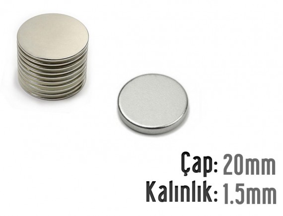 Çap: 20mm x Kalınlık: 1.5mm Neodyum Mıknatıs