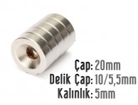 Çap 20mm X Delik çap 10 / 5,5 X Kalınlık 5mm Havşalı Mıknatıs