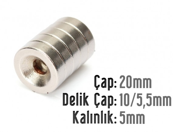 Çap 20mm X Delik çap 10 / 5,5 X Kalınlık 5mm Havşalı Mıknatıs