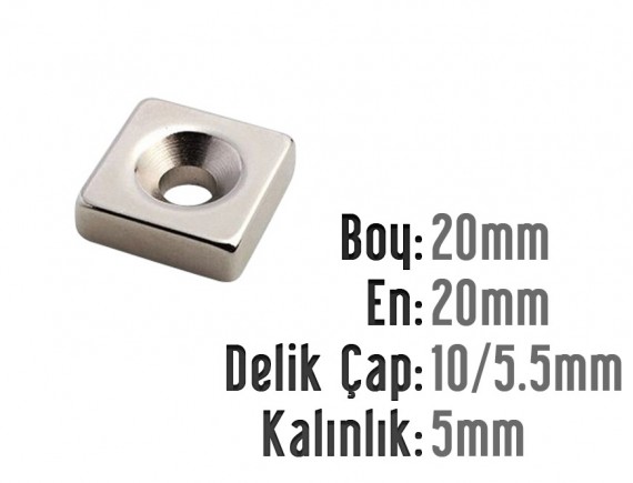 Boy:20mm-En: 20mm-Delik Çap10/5.5 Kalınlık:5 Havşalı Mıknatıs