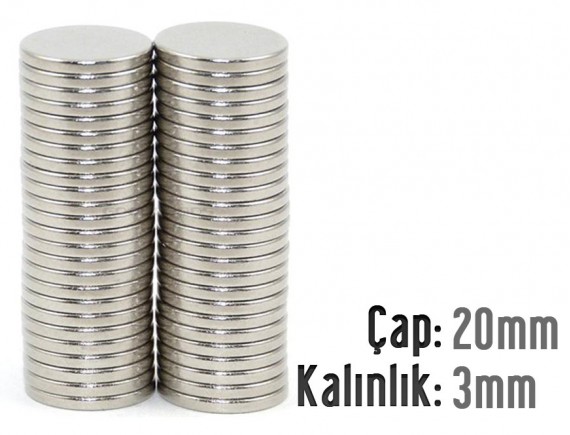 Çap: 20mm x Kalınlık: 3mm Neodyum Mıknatıs