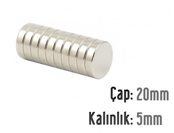 Çap: 20mm x Kalınlık: 5mm Neodyum Mıknatıs