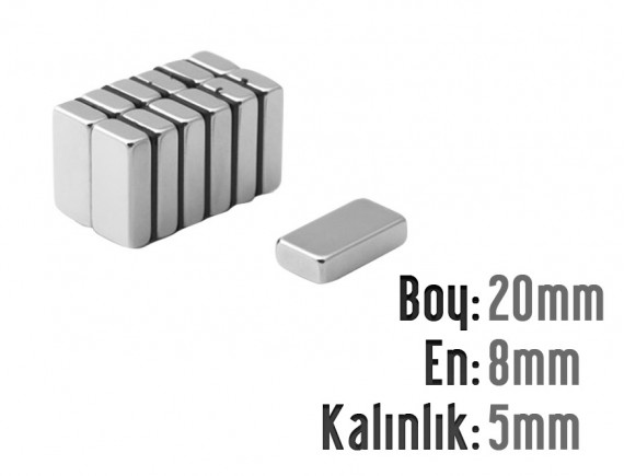 Boy: 20mm - En:8mm - Kalınlık: 5mm Neodyum Mıknatıs