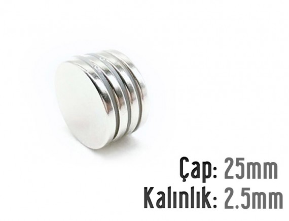 Çap: 25mm x Kalınlık: 2.5mm Neodyum Mıknatıs