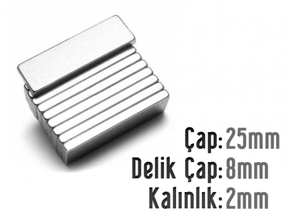 Boy: 25mm - En: 8mm - Kalınlık: 2mm Neodyum Mıknatıs
