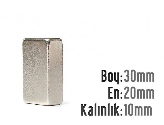 Boy: 30mm - En: 20mm - Kalınlık: 10mm Neodyum Mıknatıs