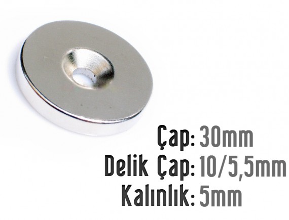 Çap 30mm X Delik çap 10 / 5,5 X Kalınlık 5mm Havşalı Mıknatıs