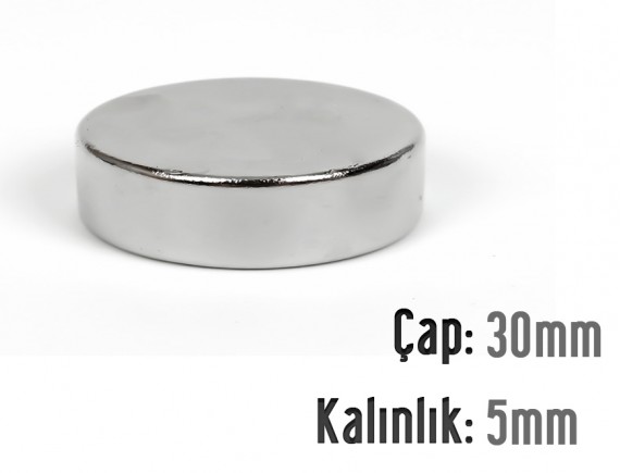 Çap: 30mm x Kalınlık: 5mm Neodyum Mıknatıs