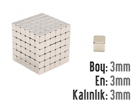 Boy: 3mm - En: 3mm - Kalınlık: 3mm Neodyum Küp Mıknatıs