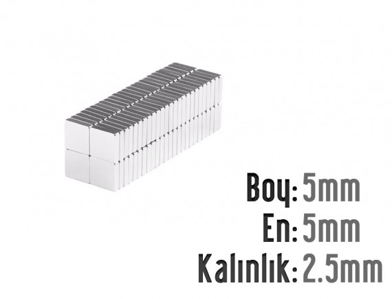 Boy: 5mm - En: 5mm - Kalınlık: 2.5mm Neodyum Mıknatıs