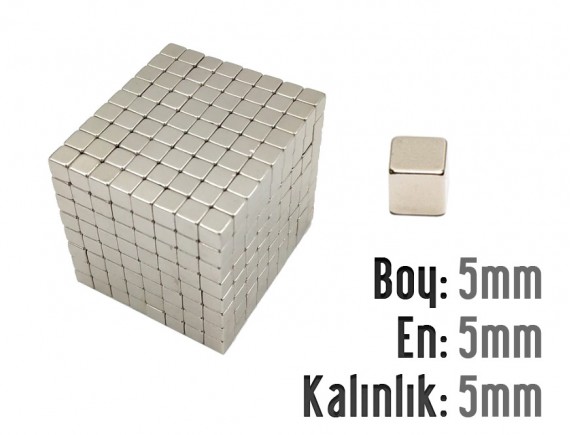 Boy: 5mm - En: 5mm - Kalınlık: 5mm Neodyum Küp Mıknatıs