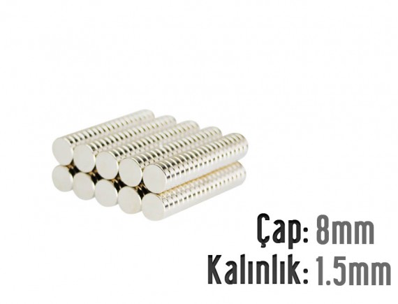 Çap: 8mm x Kalınlık: 1,5mm Neodyum Mıknatıs