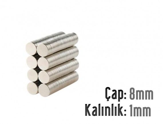 Çap: 8mm x Kalınlık: 1mm Neodyum Mıknatıs