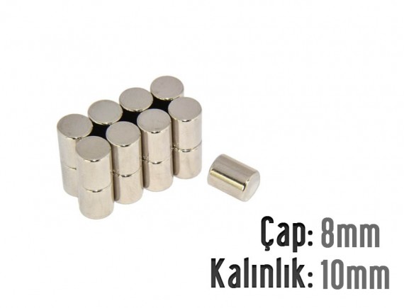 Çap: 8mm x Kalınlık: 10mm Neodyum Mıknatıs