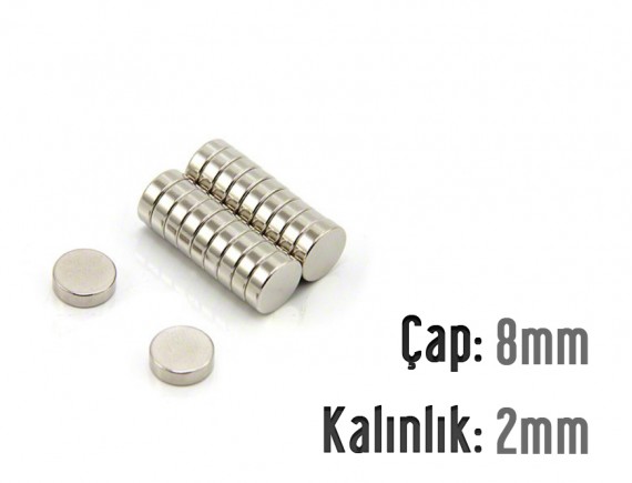 Çap: 8mm x Kalınlık: 2mm Neodyum Mıknatıs