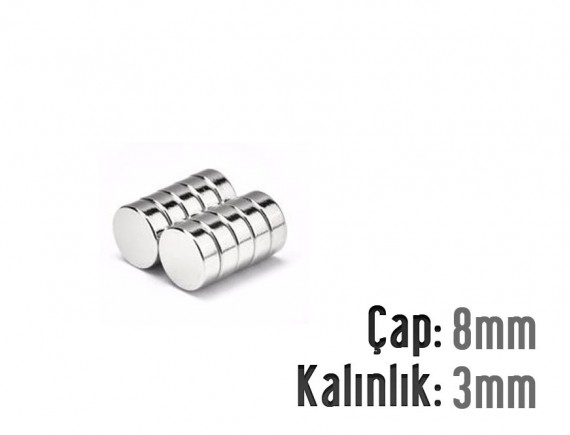 Çap: 8mm x Kalınlık: 3mm Neodyum Mıknatıs