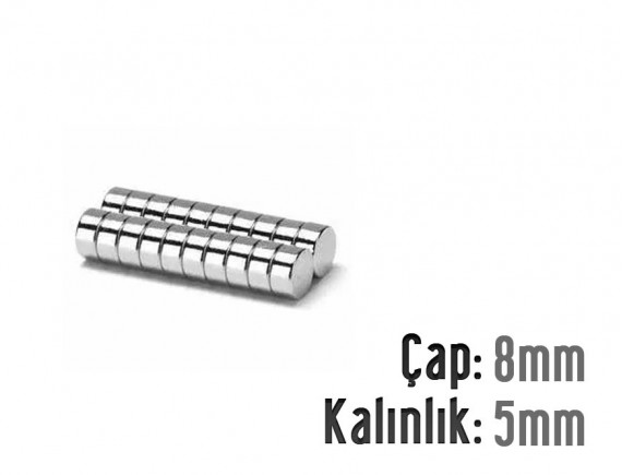 Çap: 8mm x Kalınlık: 5mm Neodyum Mıknatıs