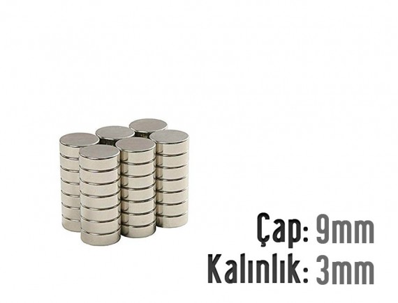 Çap: 9mm x Kalınlık: 3mm Neodyum Mıknatıs